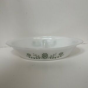 Vintage Glasbake Daisy J2352 White Green Floral Divided Oval Bowl, Milk Glass